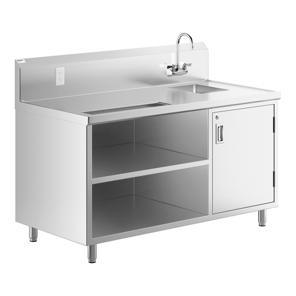 A stainless steel beverage table with a right-side sink, gooseneck faucet, open shelving, and a cabinet door on the right.