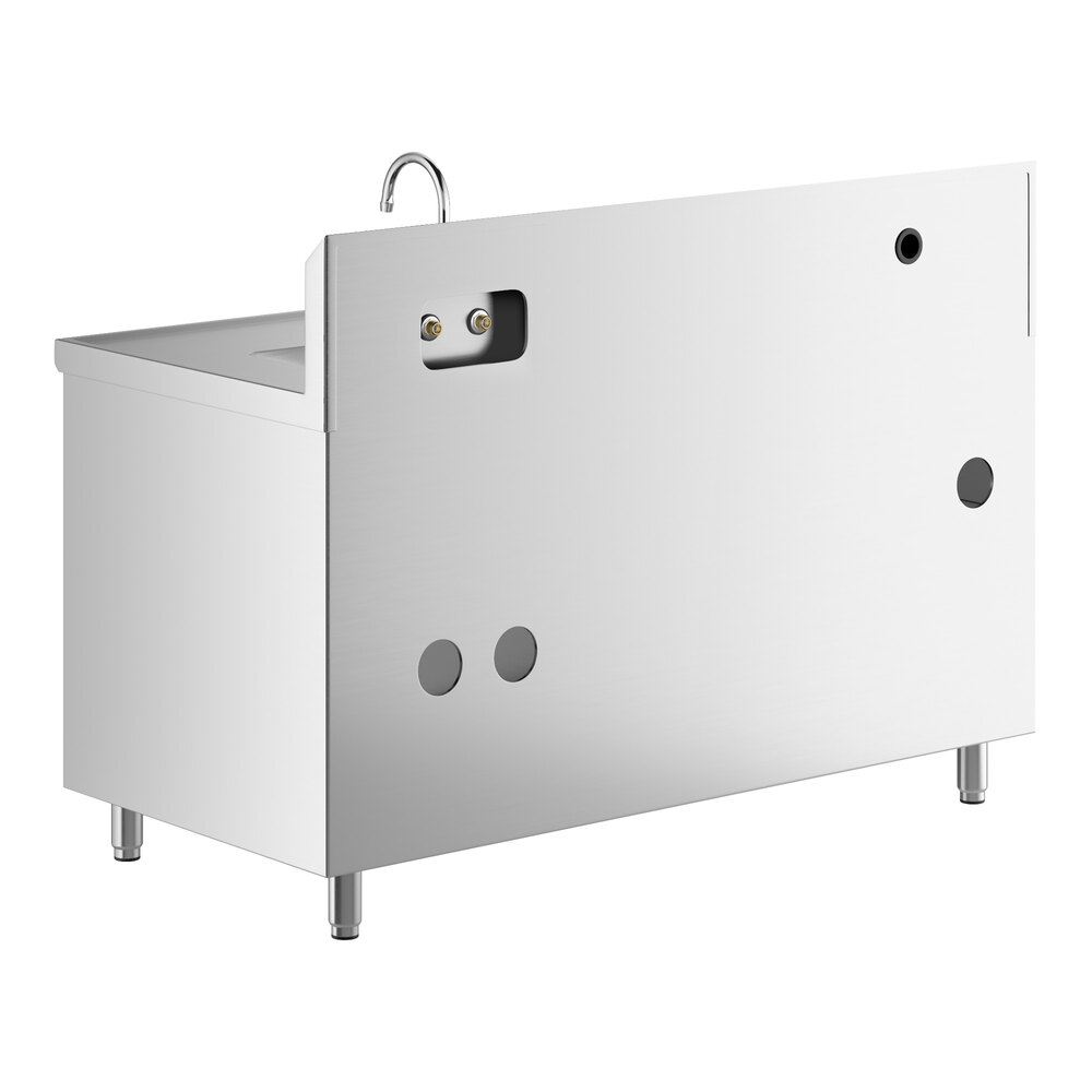 A stainless steel table with a right-side sink, a tall gooseneck faucet, and multiple circular cutouts on the back panel.