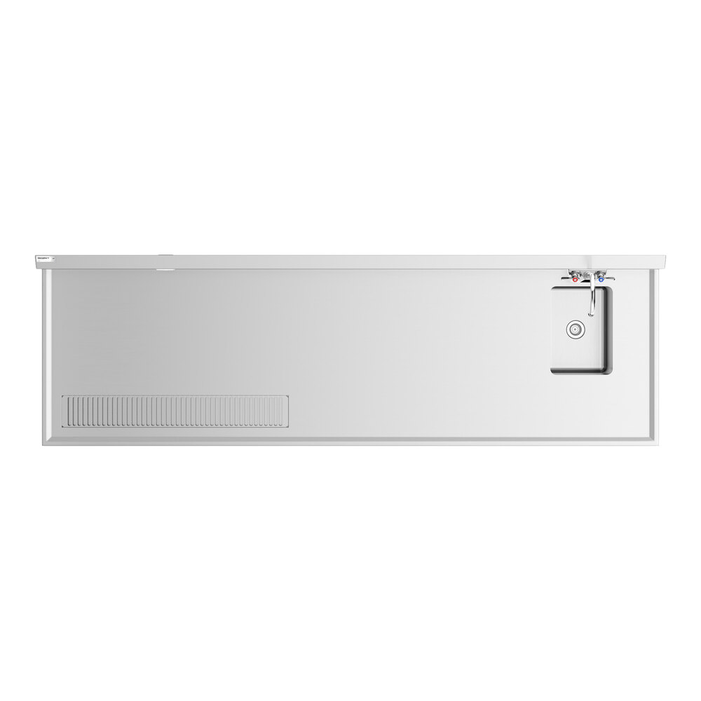 A rectangular stainless steel table with a small sink and faucet on the right side and a vented section on the left.