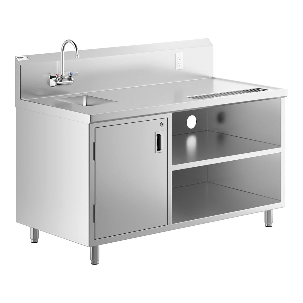 A stainless steel beverage table with a left-side sink, gooseneck faucet, backsplash, storage cabinet, and open shelving.