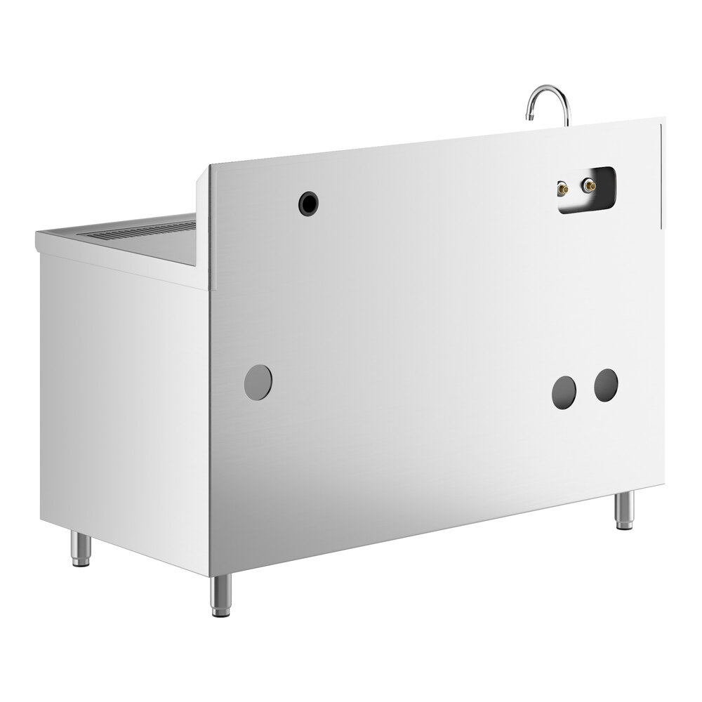 A stainless steel table with a left-side sink, a backsplash, and a gooseneck faucet, viewed from the back.