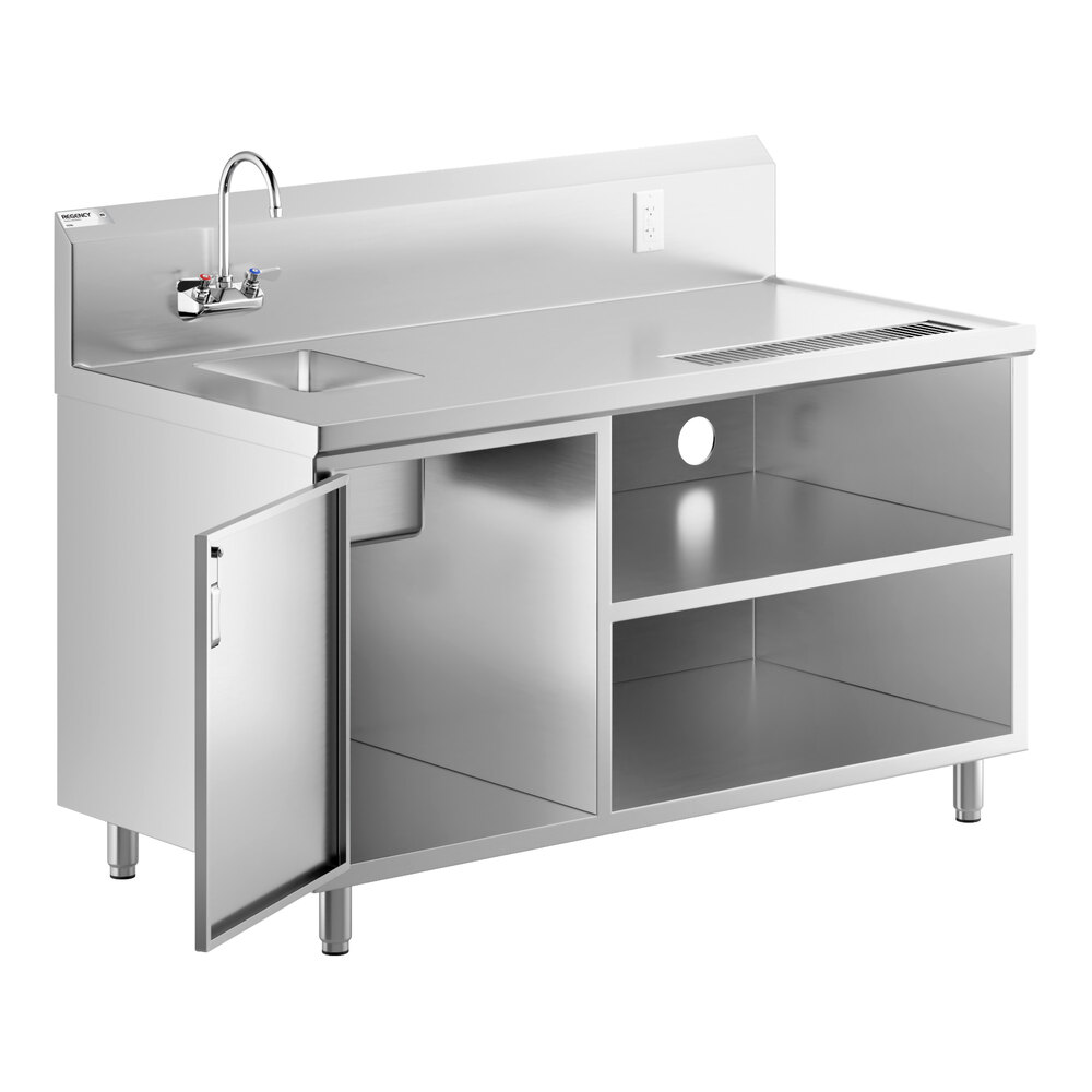 A stainless steel beverage table with a left-side sink, gooseneck faucet, open shelving, and one cabinet door.