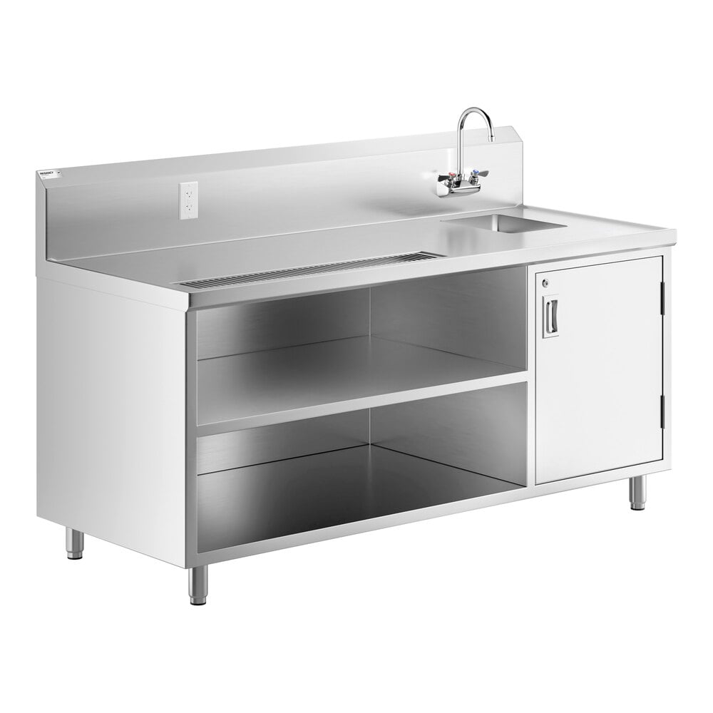 A stainless steel beverage table with a right-side sink, gooseneck faucet, open shelving, and a cabinet door on the right.