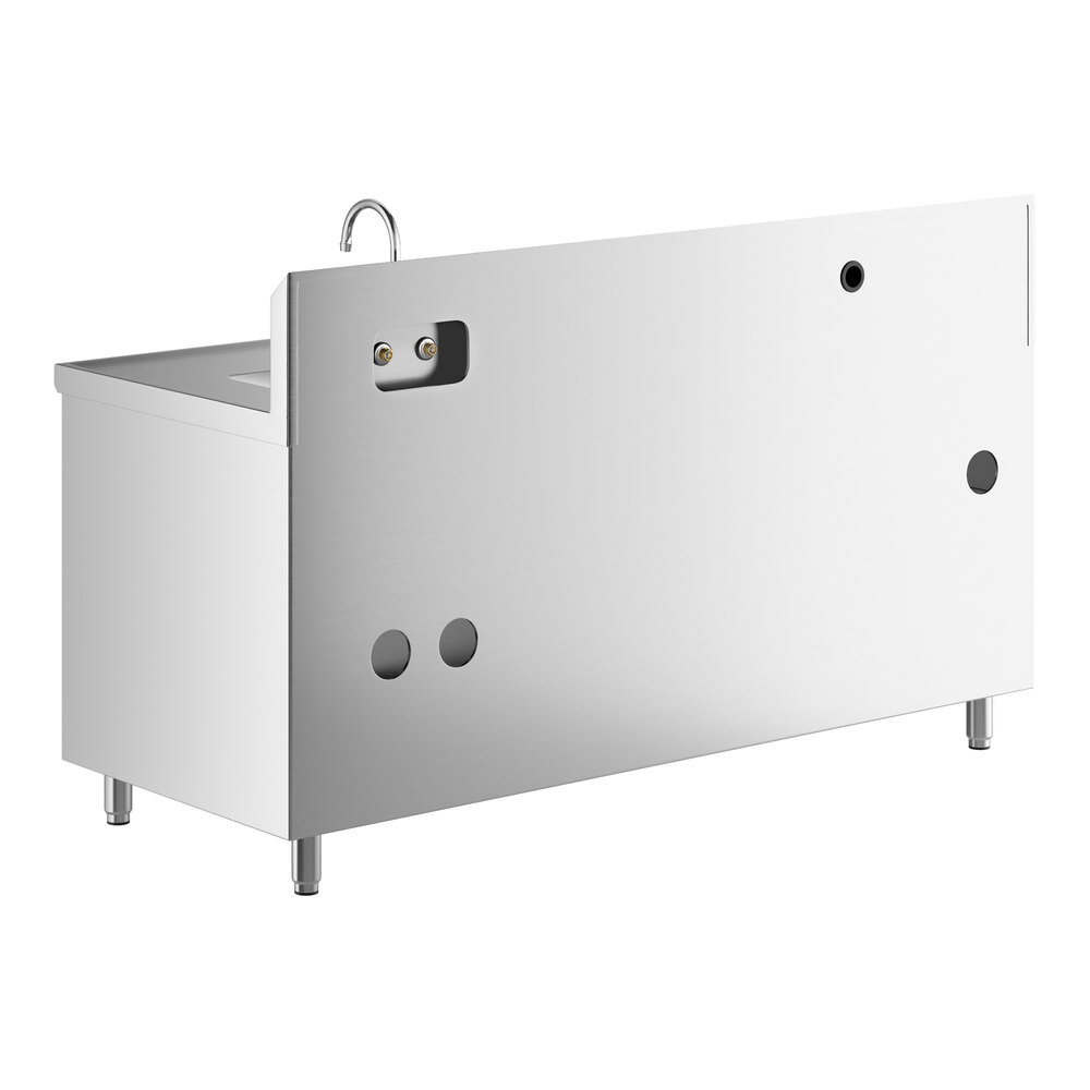 A stainless steel table with a right-side sink, a tall gooseneck faucet, and multiple circular cutouts on the front panel.