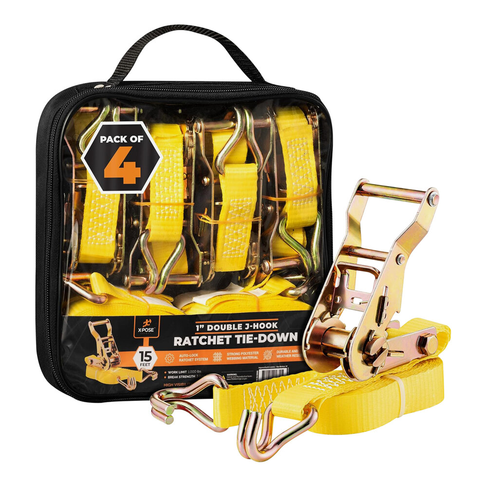 Xpose Safety 1" x 15' Yellow HeavyDuty Ratcheting Tie Down Straps with
