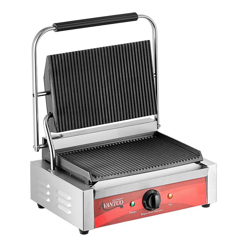 Avantco P78 Commercial Panini Sandwich Grill with Grooved Plates - 13 x 8  3/4 Cooking Surface - 120V, 1750W