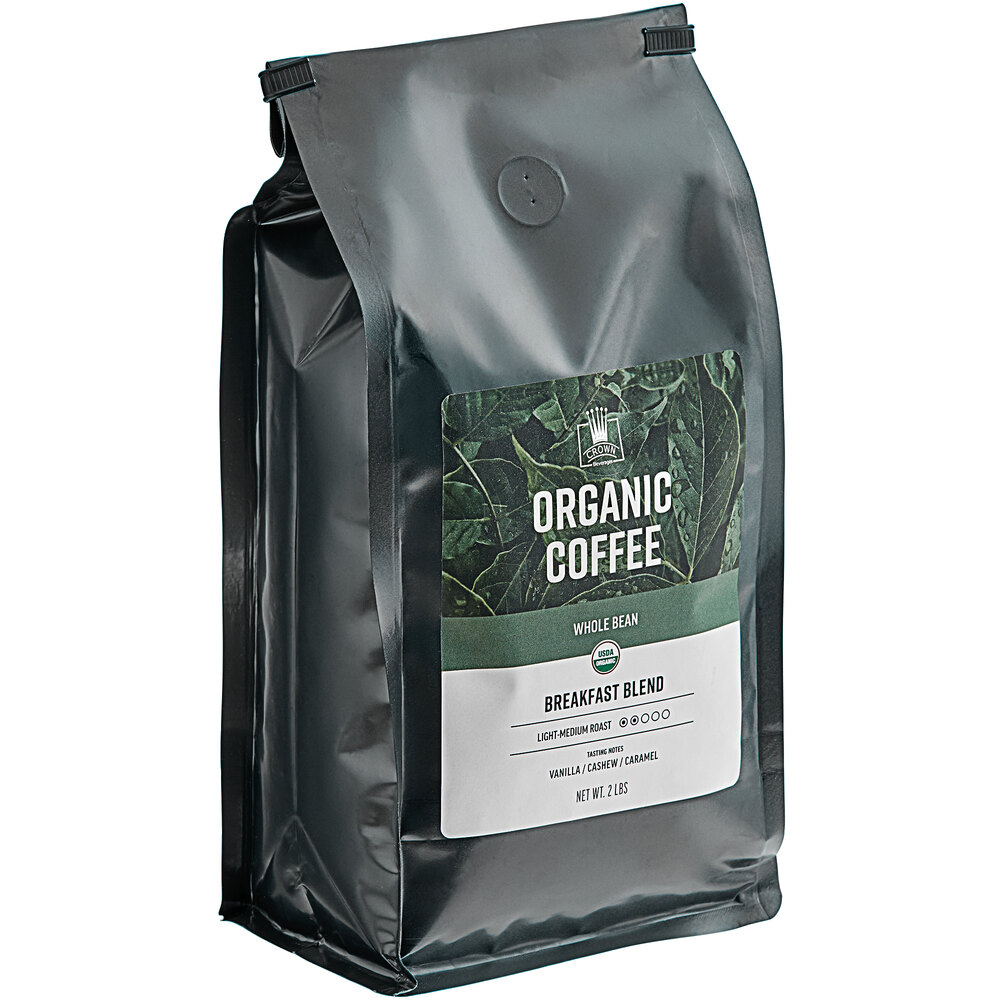 Crown Beverages Organic Breakfast Blend Whole Bean Coffee 2 lb. - 5/Case