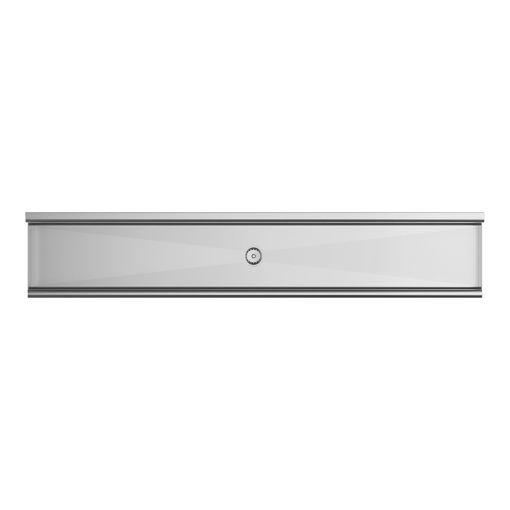 A long, rectangular metallic panel with a central circular feature, likely a lock or knob, and subtle geometric patterns on its surface.