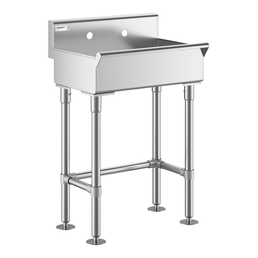 A stainless steel utility sink with four sturdy legs, a high backsplash, and two faucet holes.