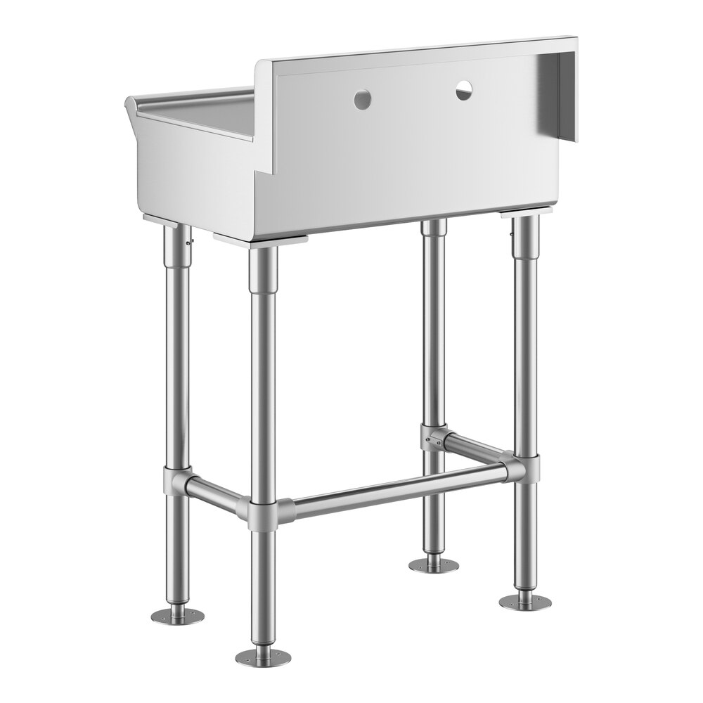 A stainless steel sink with four sturdy legs and a high backsplash featuring two faucet holes.