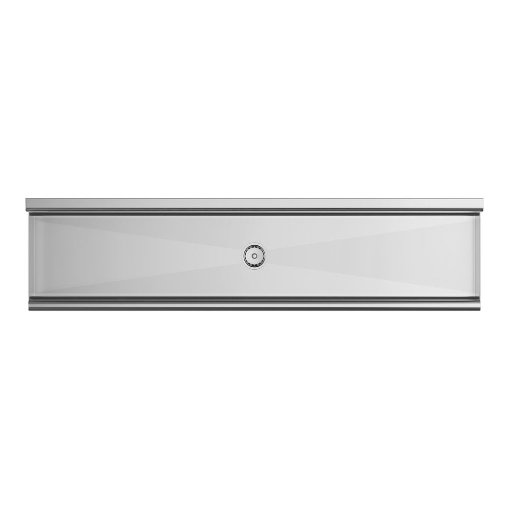 A rectangular, stainless steel sink with a central drain and clean, angular lines.