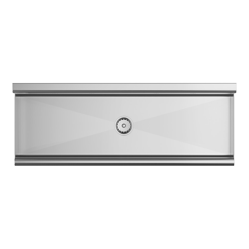 A rectangular stainless steel sink with a central drain and clean, angular lines.