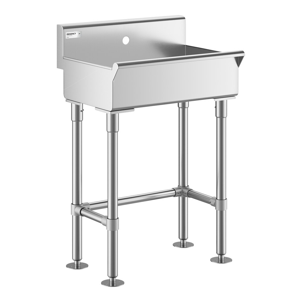 A stainless steel sink with four sturdy legs, a high backsplash, and a single hole for a faucet.