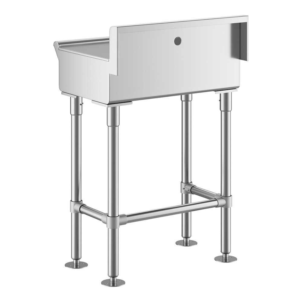 A stainless steel sink with four sturdy legs and a high backsplash, designed for commercial or industrial use.