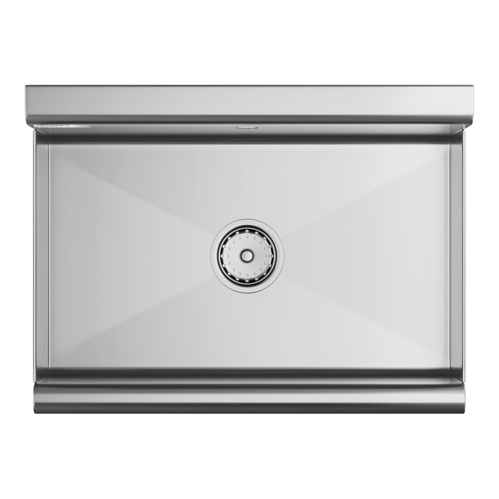 A rectangular stainless steel sink with a central drain, viewed from above.