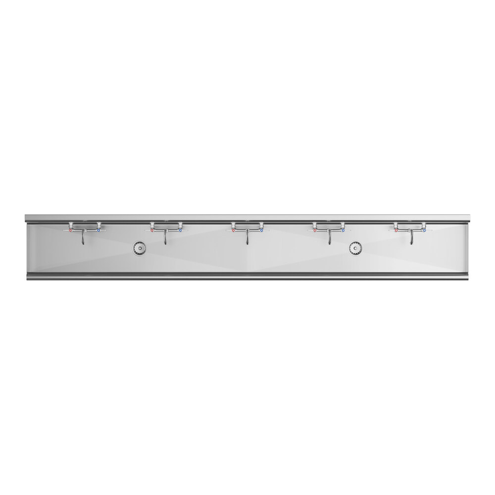 A long, stainless steel hand sink with five faucets evenly spaced along the top edge.