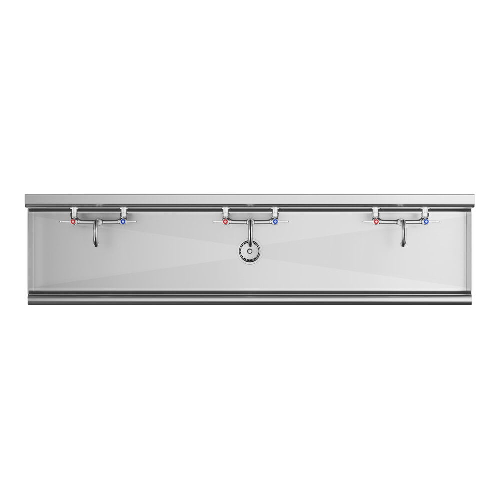 A long, stainless steel hand sink with three faucets evenly spaced along its length.