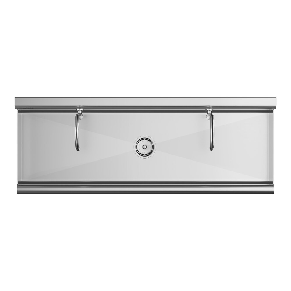 A rectangular stainless steel sink with two knee-operated faucets and a central drain.