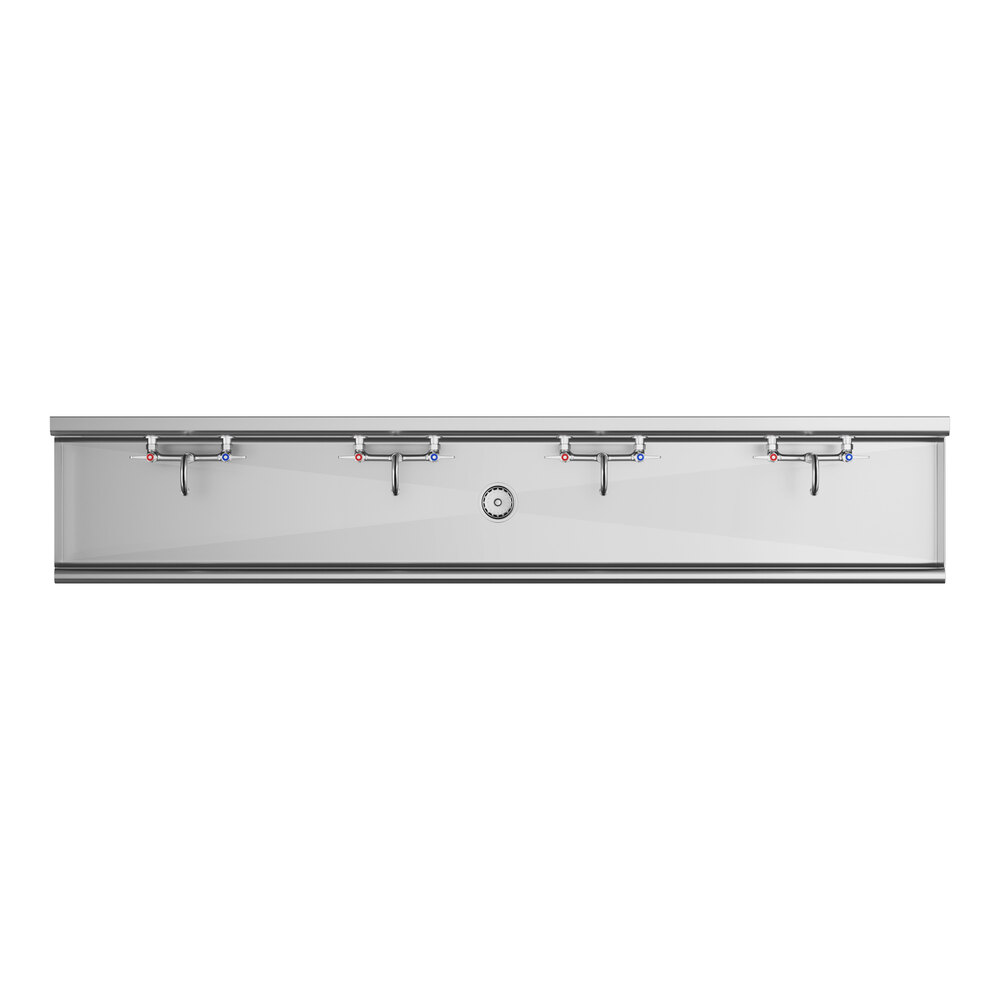 A long, wall-mounted stainless steel sink with four faucets evenly spaced along the top edge.