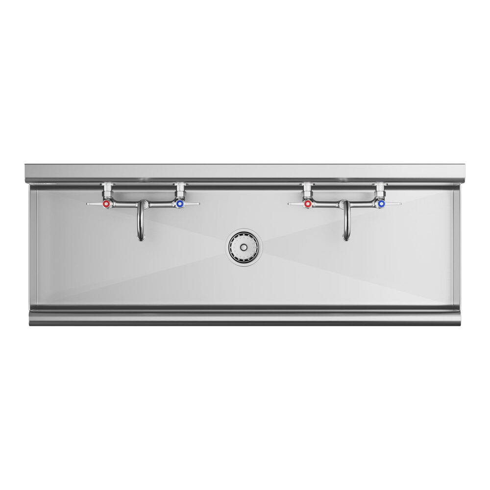 A stainless steel wall-mounted sink with two faucets, each featuring separate hot and cold water handles, and a central drain.