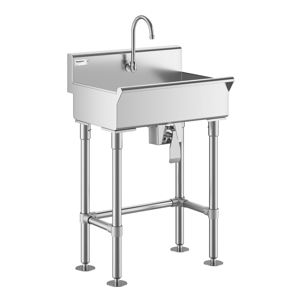 A stainless steel hand sink with a high backsplash, knee-operated faucet, and four sturdy legs.
