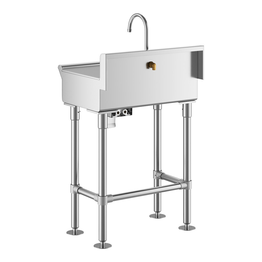 A stainless steel hand sink with a high backsplash, knee-operated faucet, and four sturdy legs.