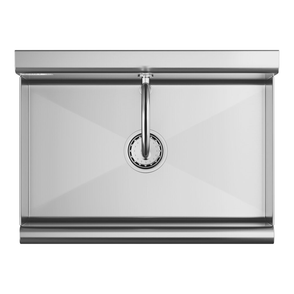 A top-down view of a rectangular stainless steel sink with a centrally positioned faucet and drain.