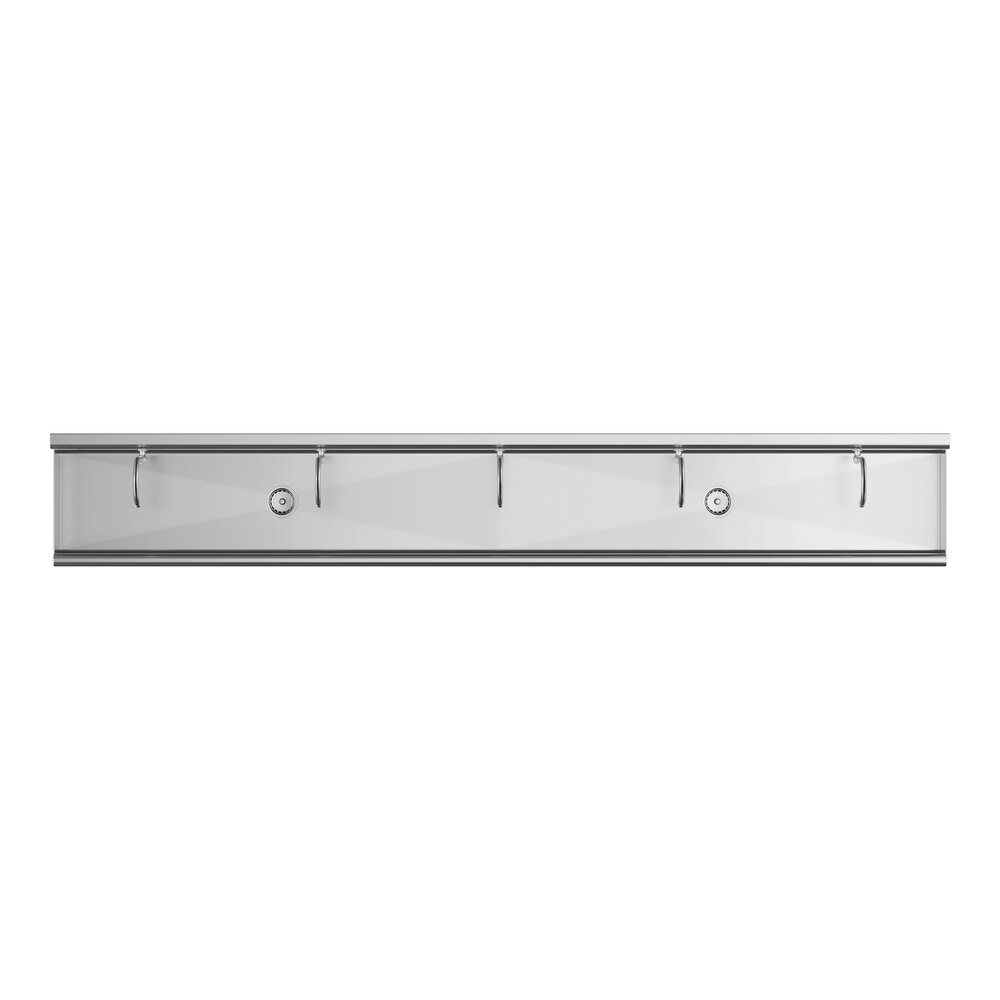 A long, rectangular stainless steel sink with five evenly spaced faucets and knee-operated controls beneath each faucet.