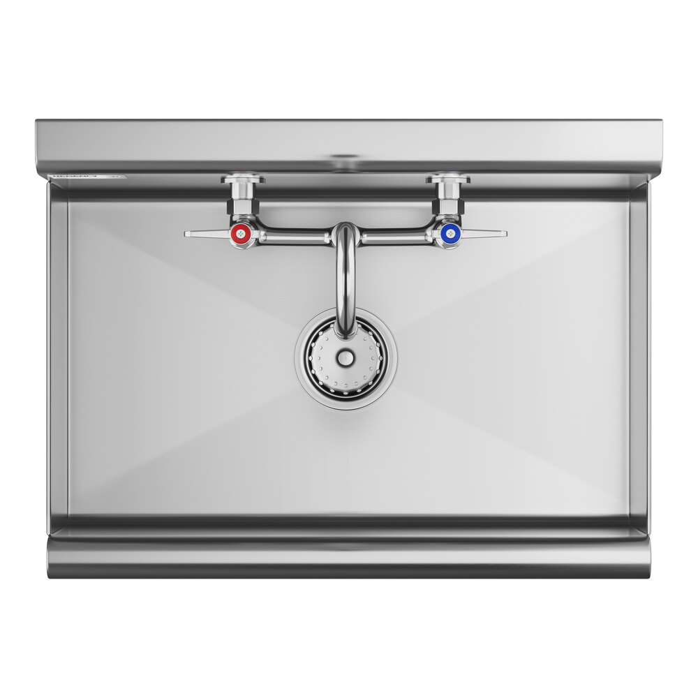 A stainless steel hand sink with a central faucet and separate hot and cold water handles, viewed from above.