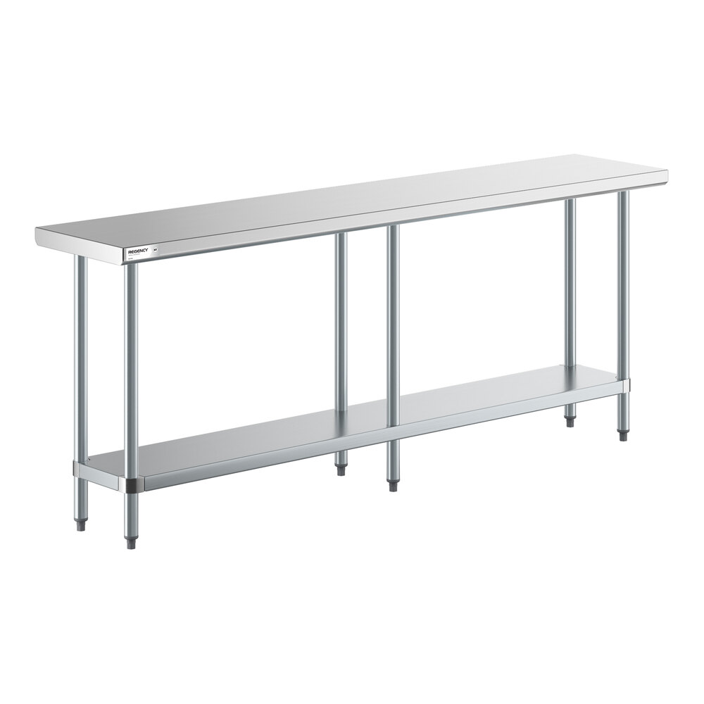 A long stainless steel work table with four legs and an undershelf for additional storage.