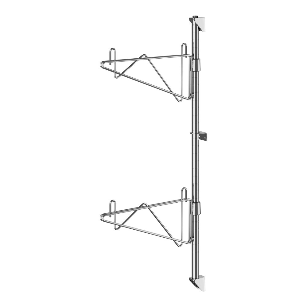A chrome Regency wall-mount shelf post with two shelves on it.