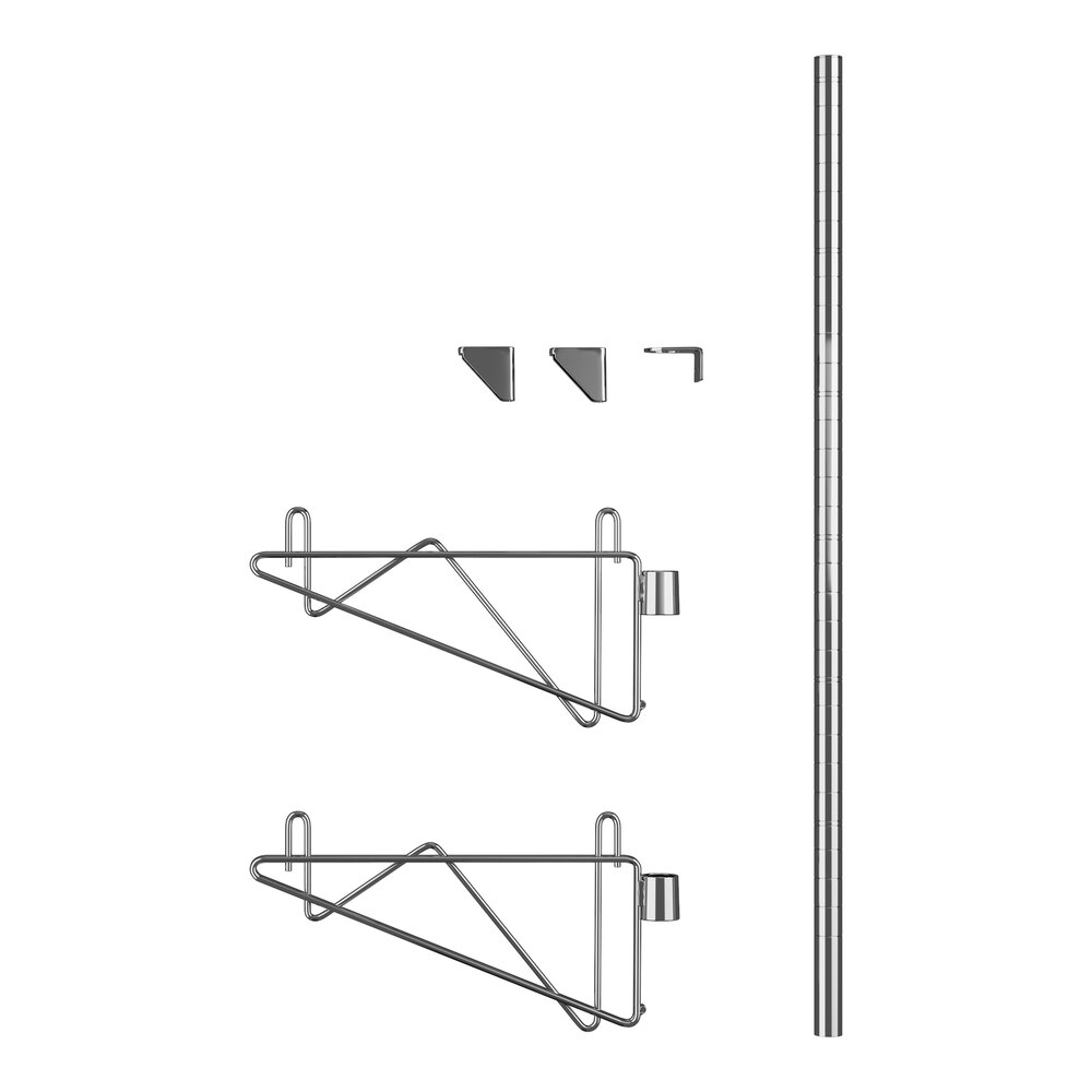 A drawing of a Regency chrome wall-mounted shelf post with two brackets attached.