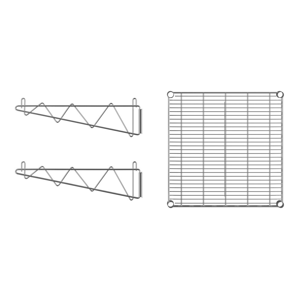 A close-up of a Regency stainless steel wall-mount wire shelf.