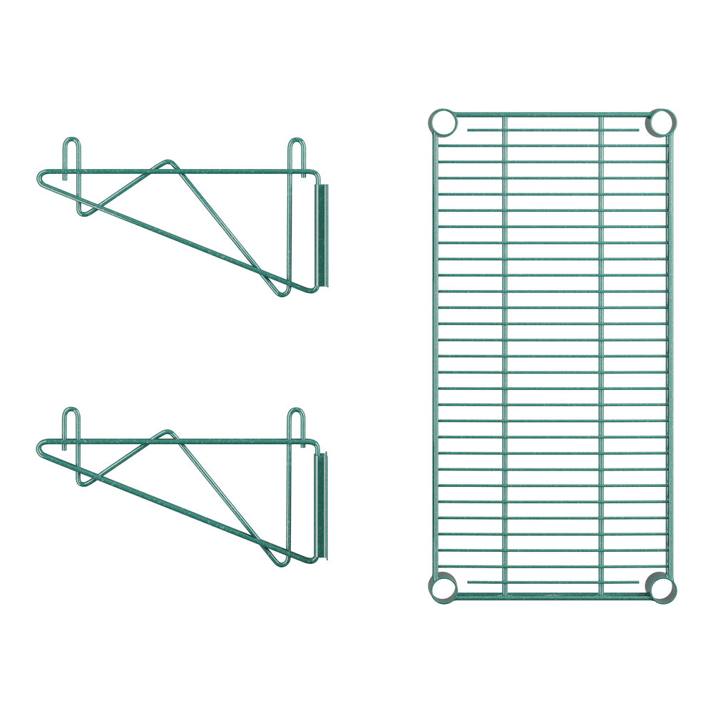 Two green Regency metal wire shelves on metal brackets.