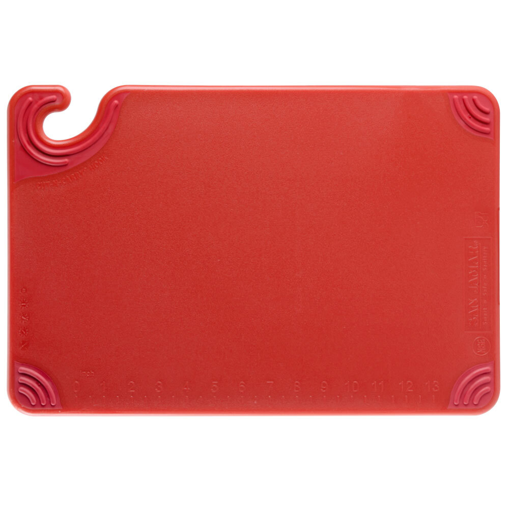 San Jamar Saf-T-Grip 18" x 12" x 1/2" Red Cutting Board with Hook