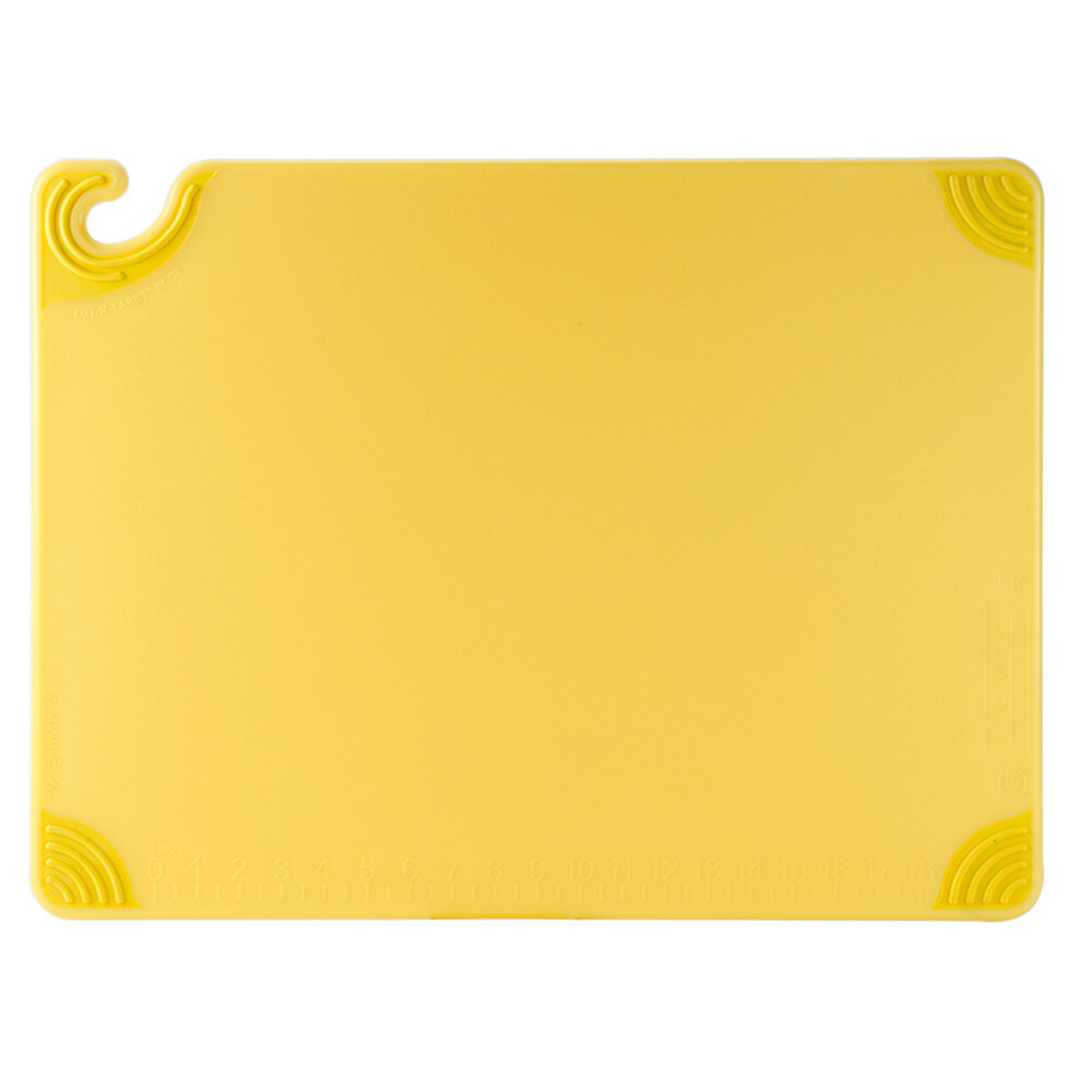 San Jamar Saf-T-Grip 18" x 12" x 1/2" Yellow Cutting Board with Hook