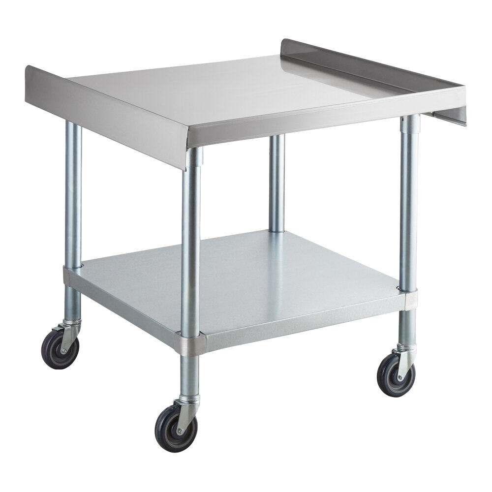 A stainless steel equipment stand with a raised edge on three sides, an undershelf, and four caster wheels.
