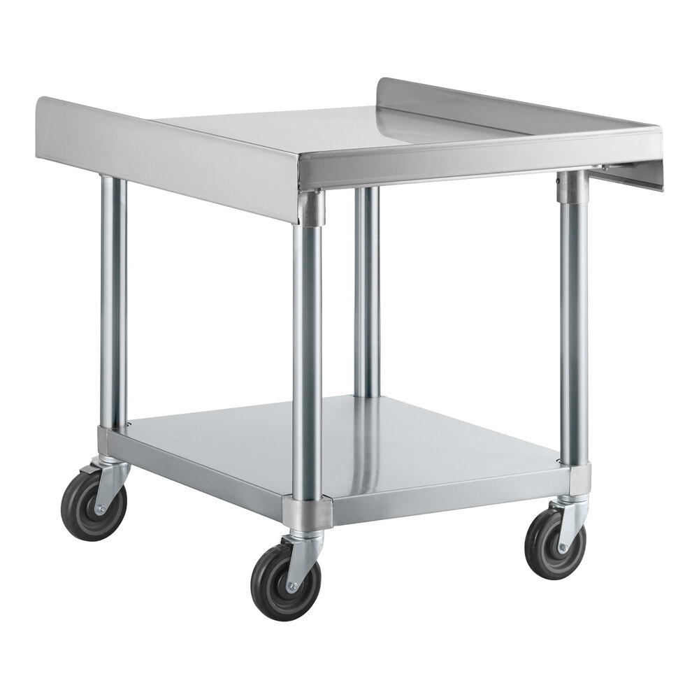 A metal utility cart with a raised edge on three sides of the top shelf, a lower shelf, and four caster wheels.