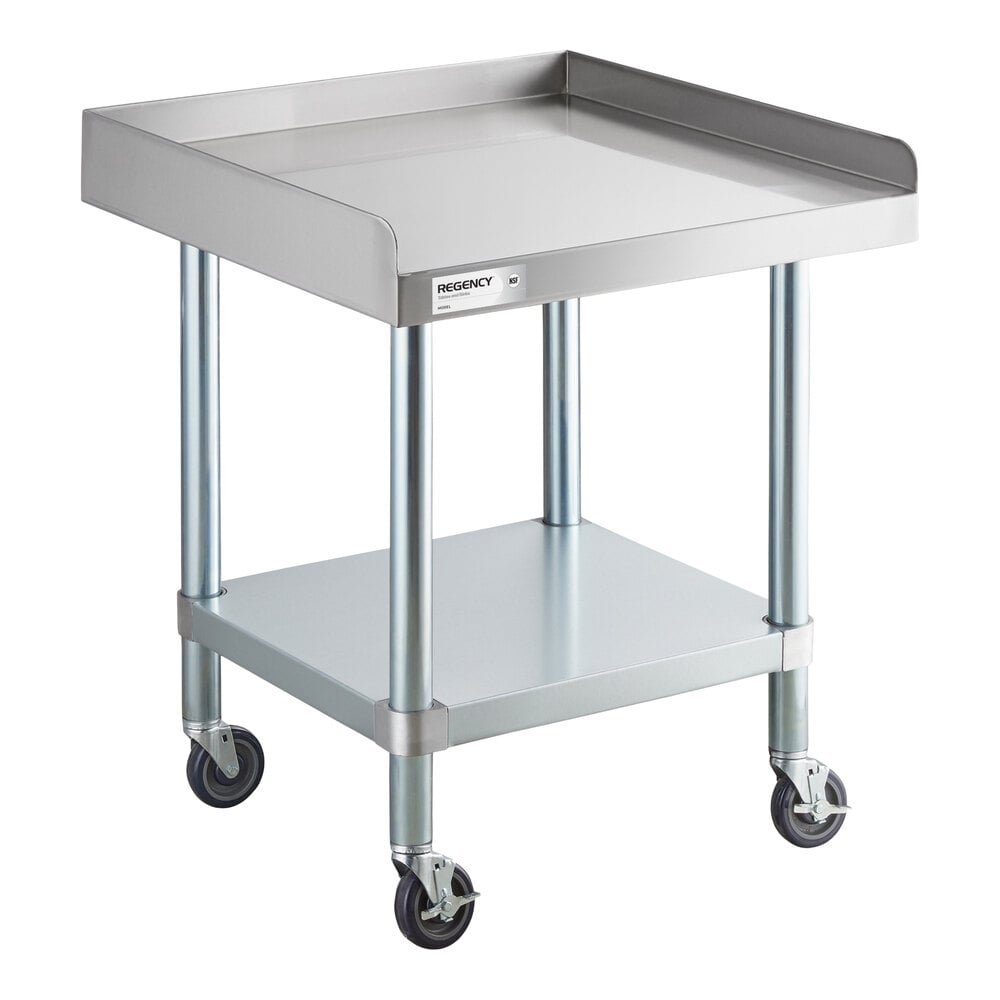 A stainless steel cart with a raised edge top, an undershelf, and four caster wheels.