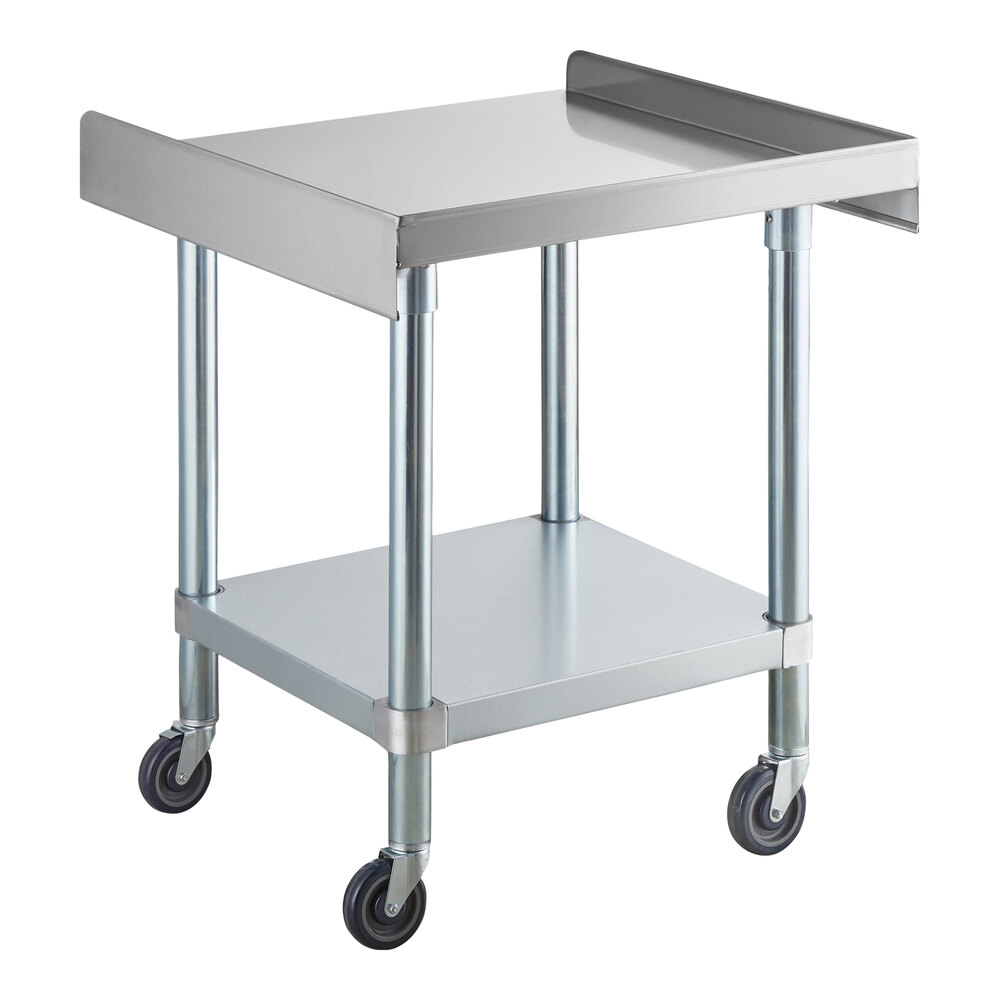 A metal utility cart with a flat top surface, a lower shelf, four legs, and four caster wheels.