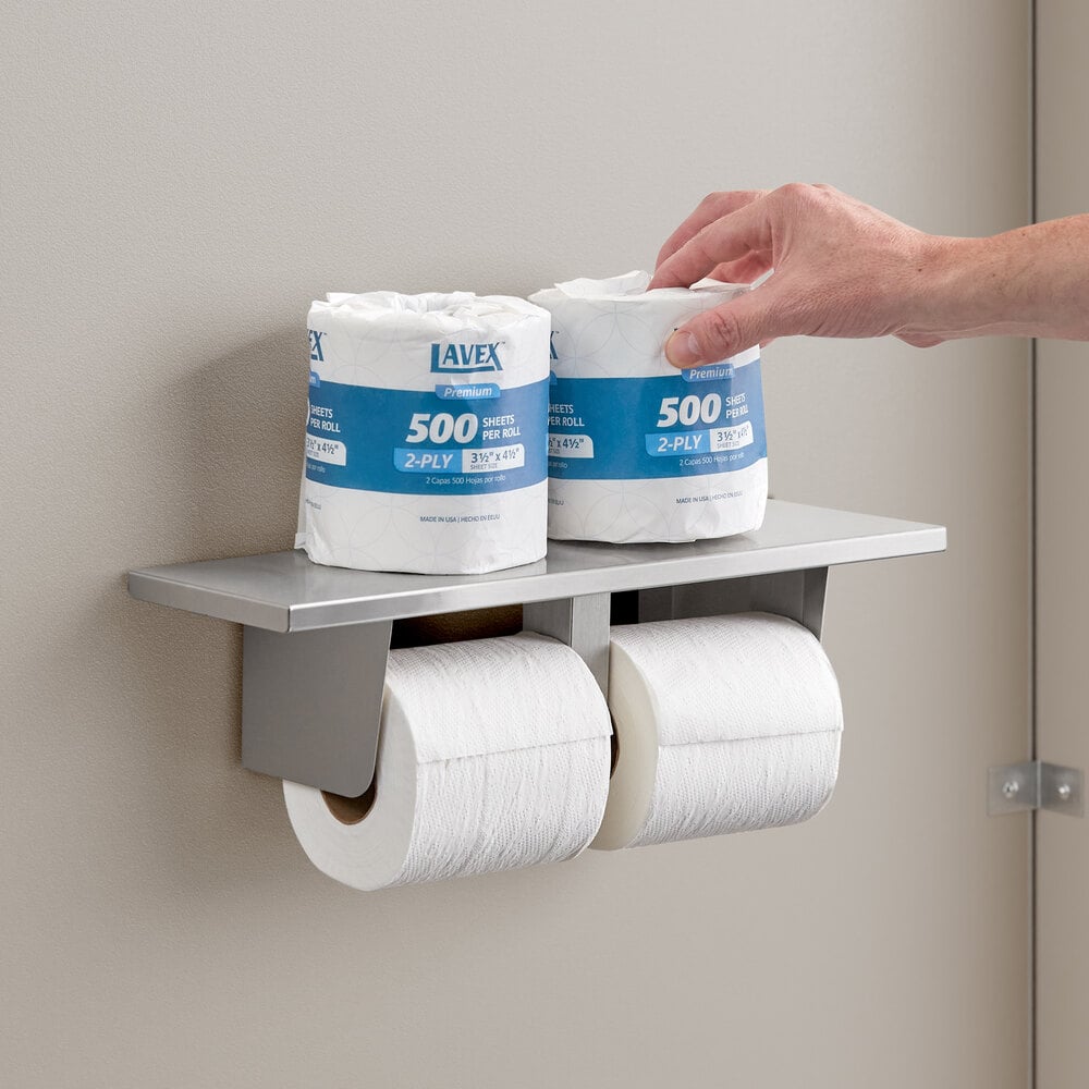 Two-Roll Stainless Steel Toilet Tissue Dispenser with Utility Shelf