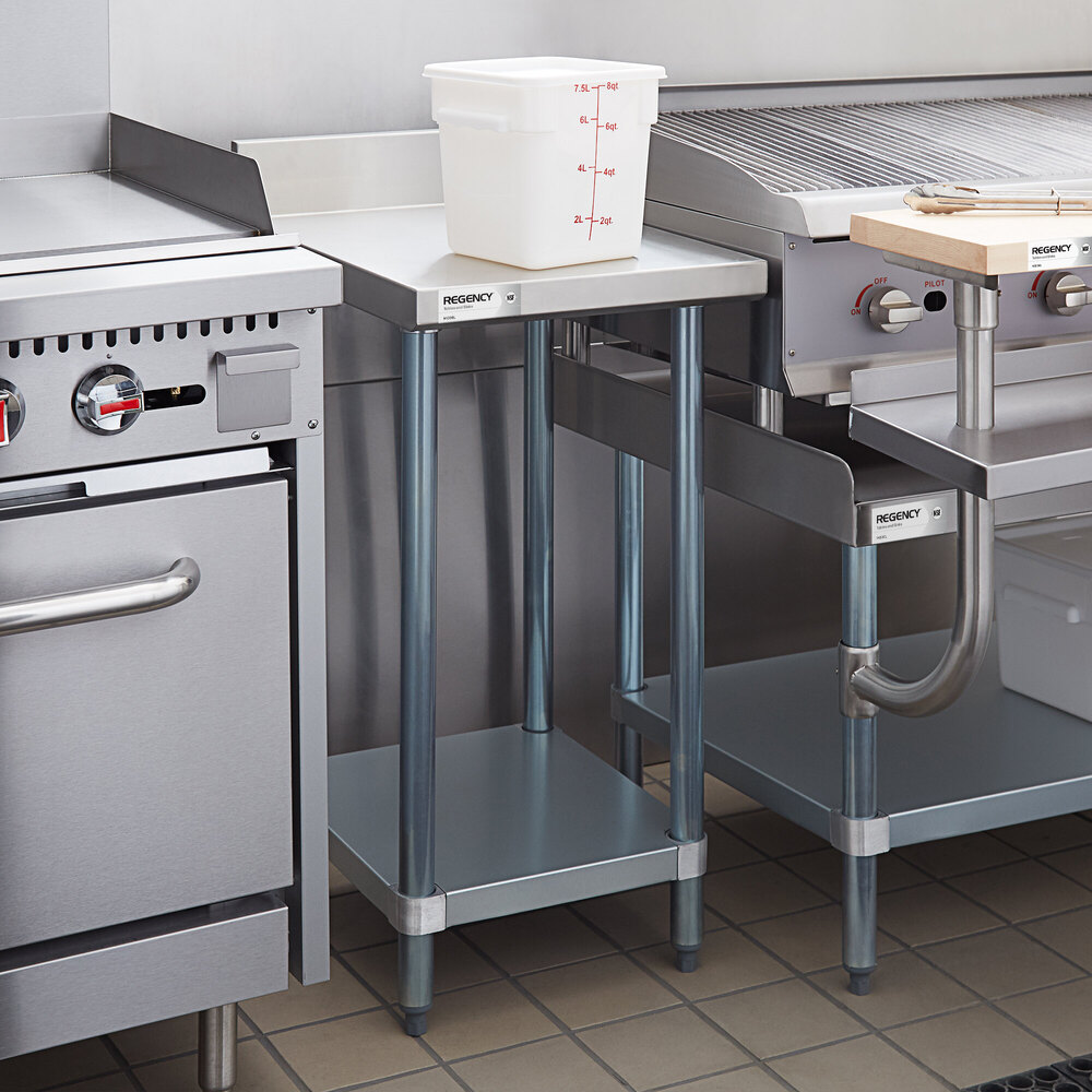 A small stainless steel table with an undershelf is positioned between kitchen appliances, with a plastic container on top.