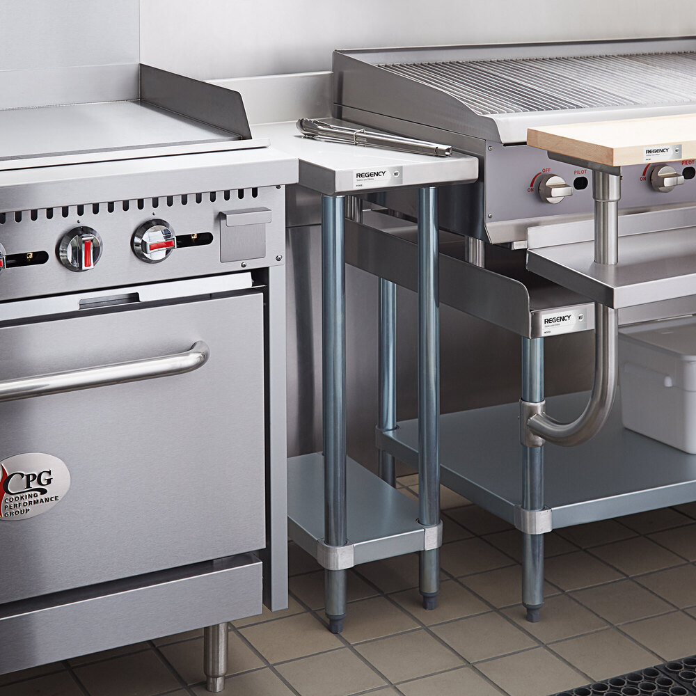 A small stainless steel table with an undershelf is positioned between two larger kitchen appliances in a commercial kitchen setting.