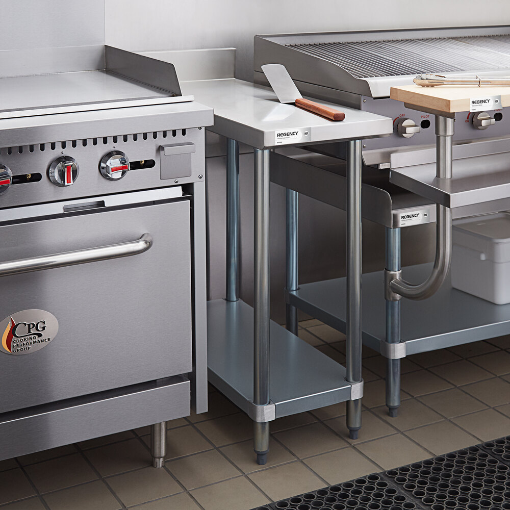 A stainless steel kitchen setup featuring a small table with an undershelf positioned between cooking appliances.