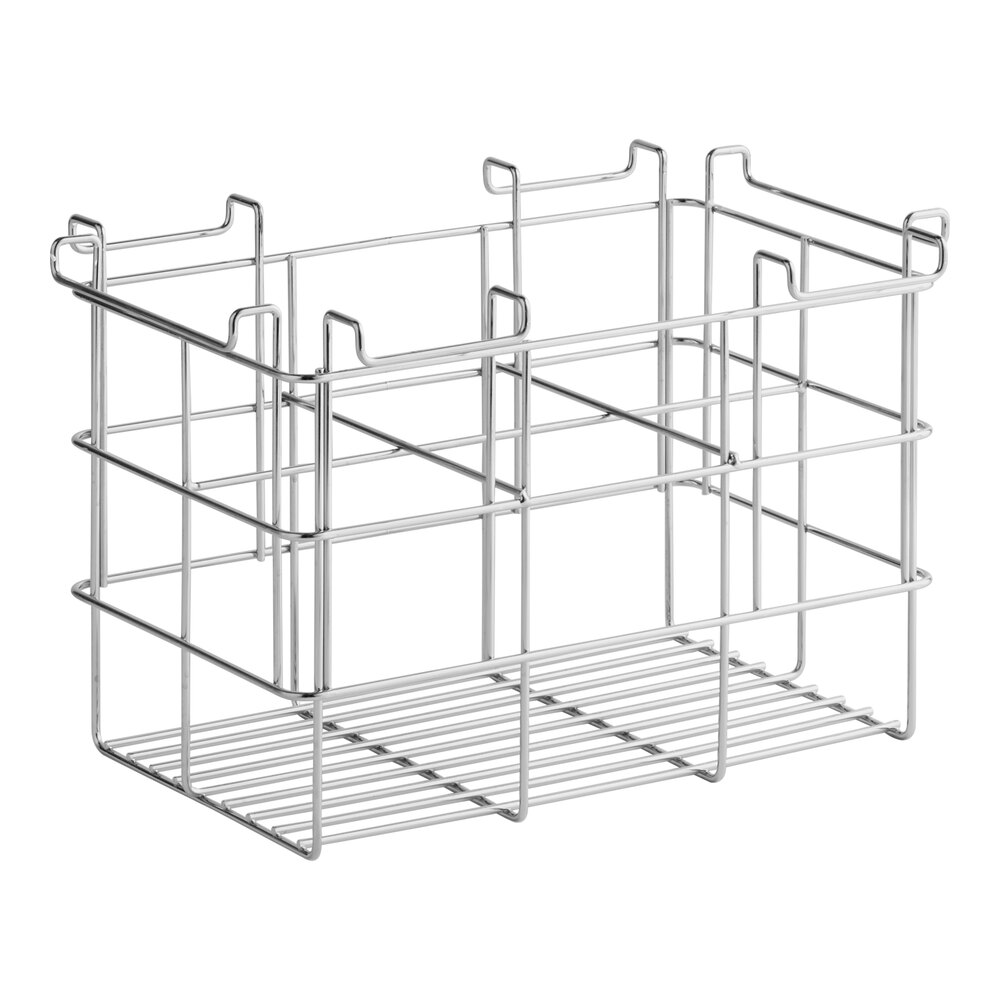A chrome-plated wire basket designed for holding elixirs at cocktail stations.