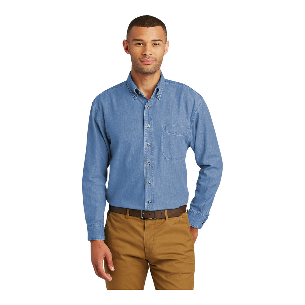 Port & Company SP10 Unisex Customizable Faded Blue Long Sleeve Denim ...