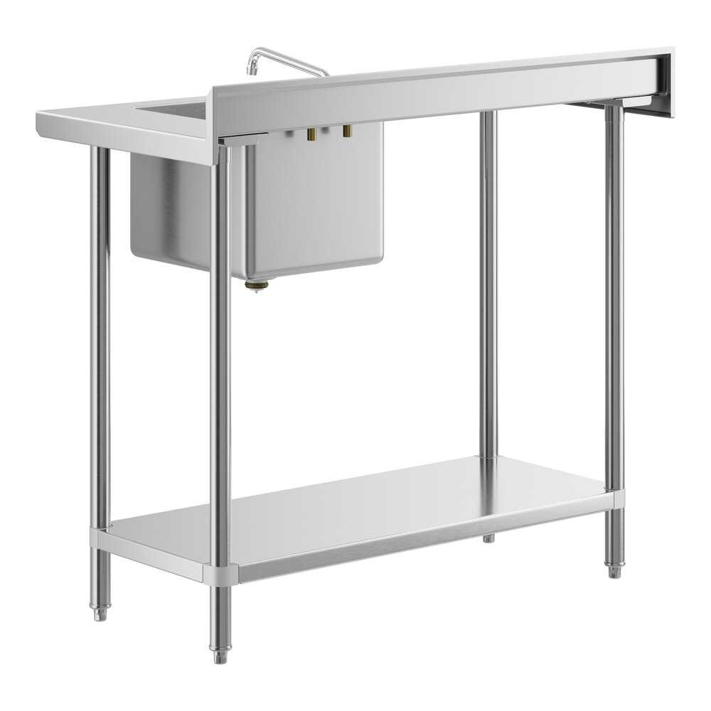 A Regency stainless steel work table with a sink and shelf on the right.