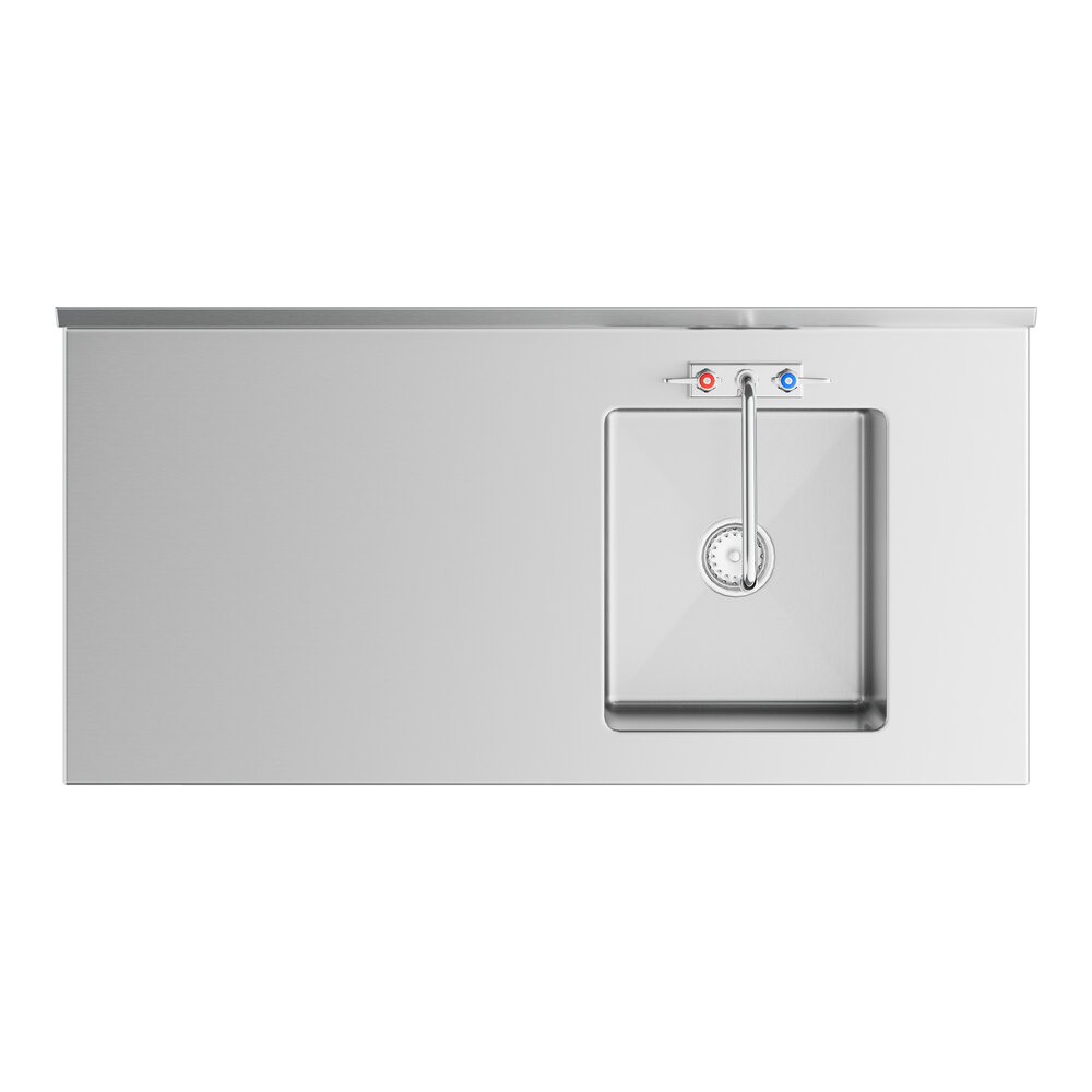 A Regency stainless steel work table with a sink on the right, including a stainless steel sink with a faucet.