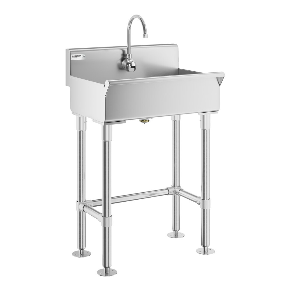 A stainless steel hand sink with a tall backsplash, gooseneck faucet, and four sturdy legs.