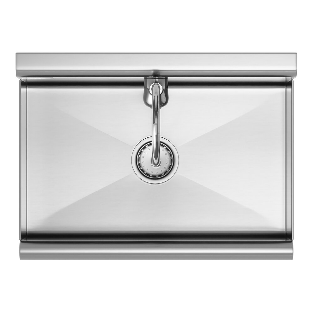 A top-down view of a rectangular stainless steel sink with a central drain and a gooseneck faucet mounted at the back edge.